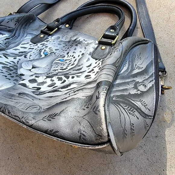 Anna by Anuschka African Leopard Genuine Leather Crossbody Satchel Hand-Painted - Picture 5 of 13